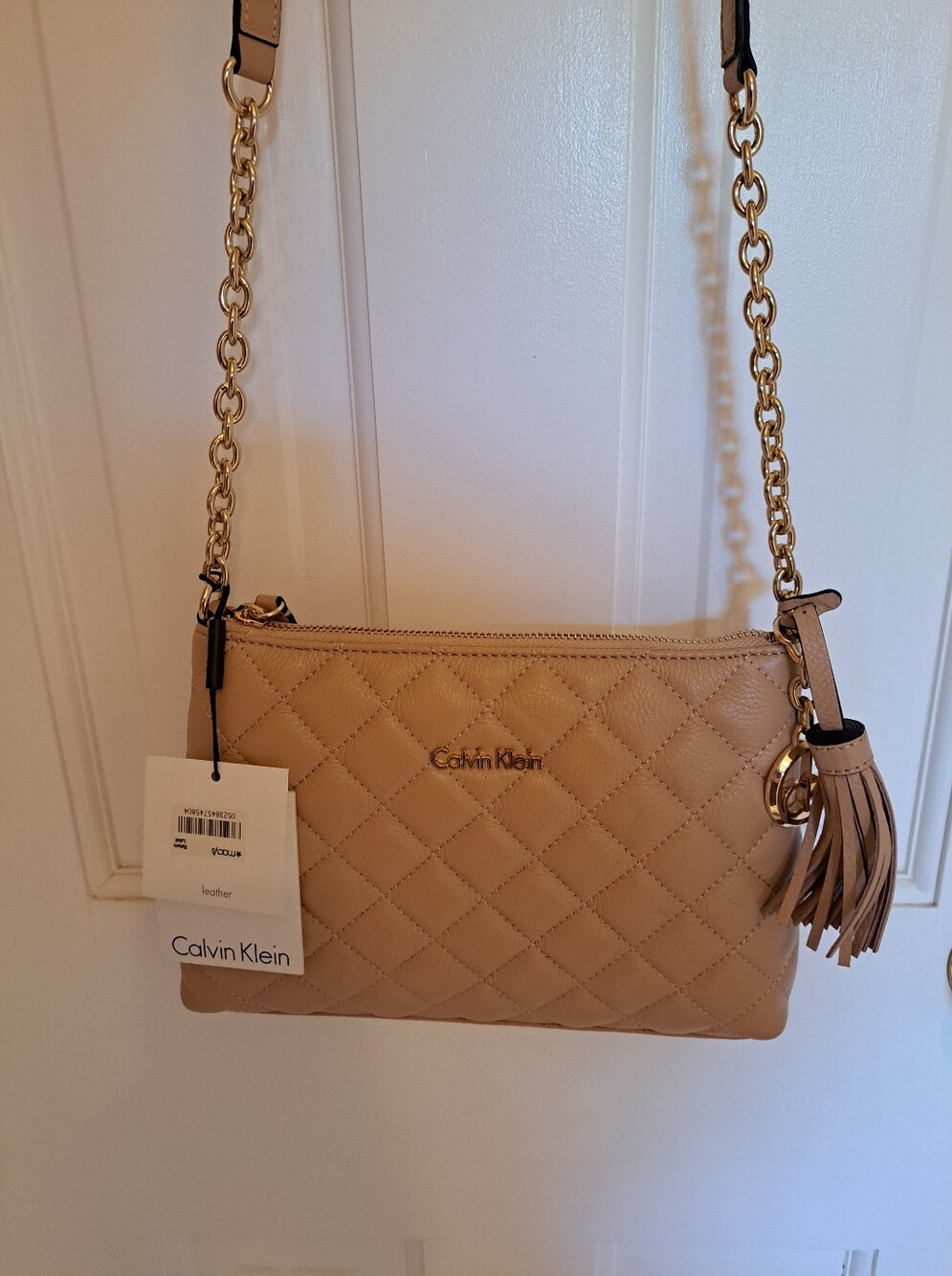 Calvin Klein Quilted Beige & Gold Hardware Shoulder / Crossbody Bag with Tassel